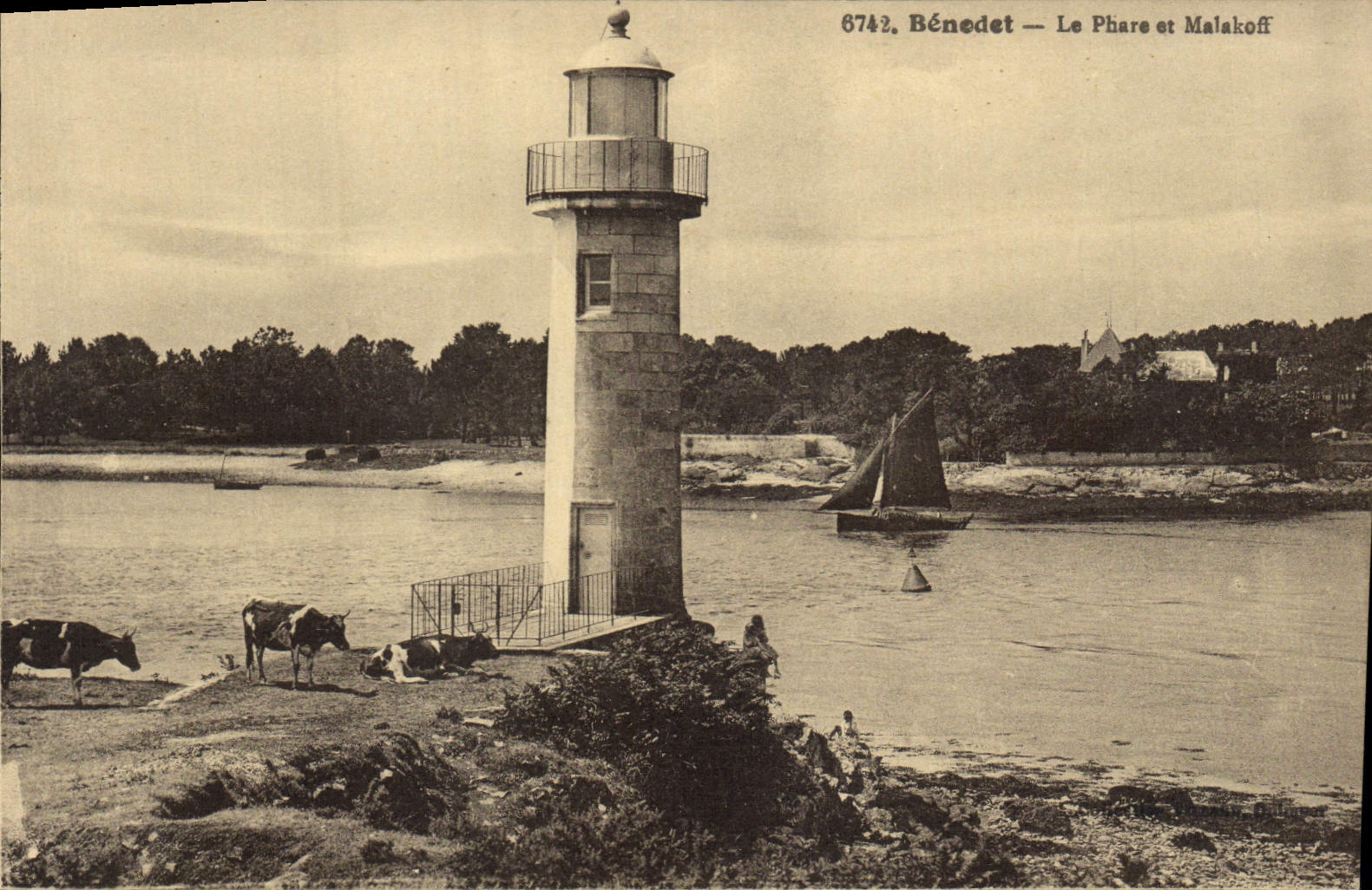 CPA Phare et Malakoff Benodet Vaches Bateau