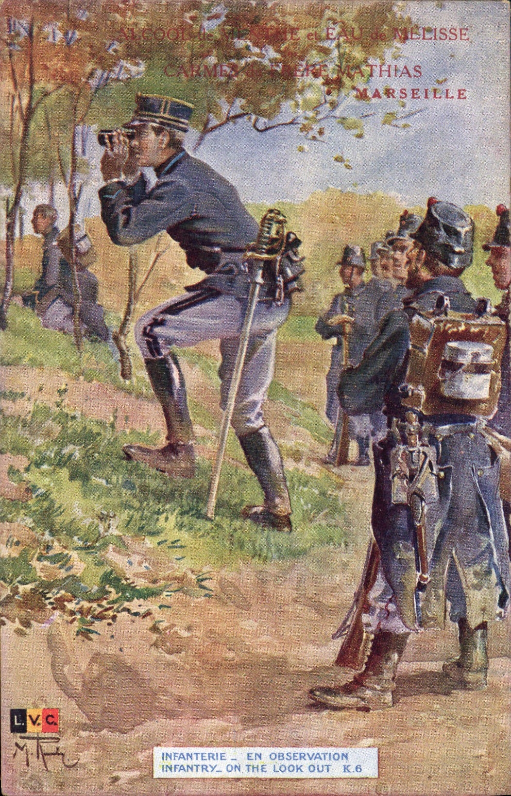 Infanterie en observation — soldats en tenue d'infanterie observant avec un jumelage — éditeur L.V.C. et n° K.6