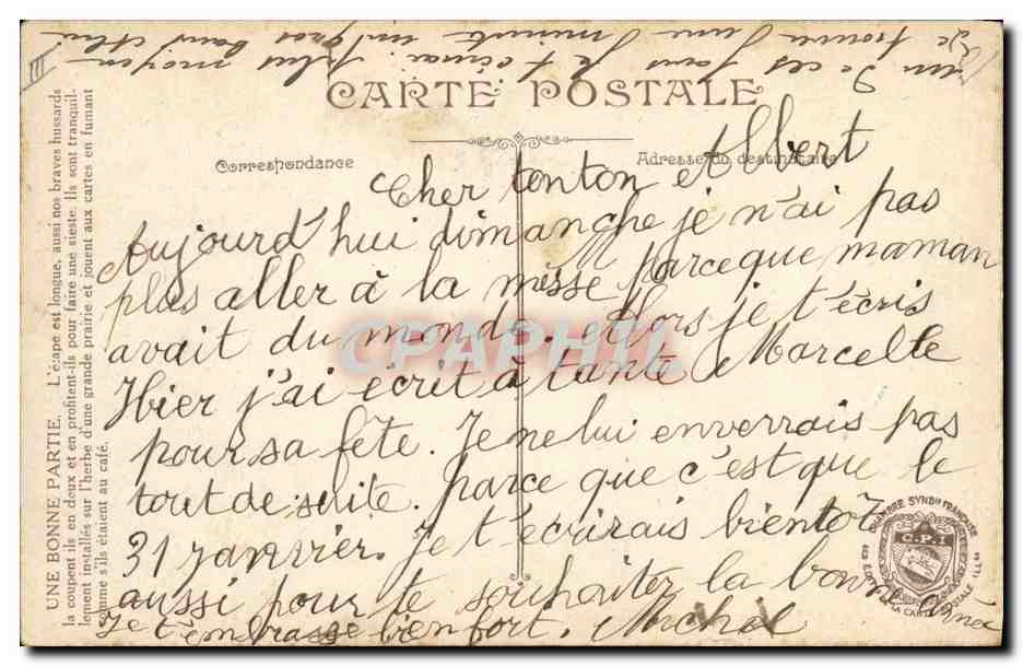 Une Bonne Partie — soldats hussards en campagne — éditeur anonyme, n° de série non visible — Verso