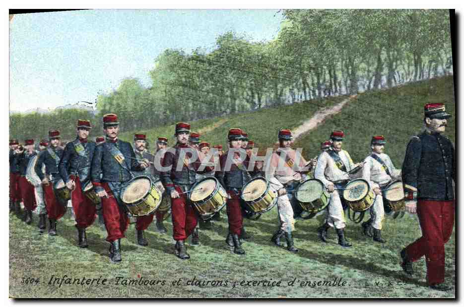 Infanterie. Tambours et clairons, exercice d'ensemble — série 5604 — éditée pour le Chocolat-Louit