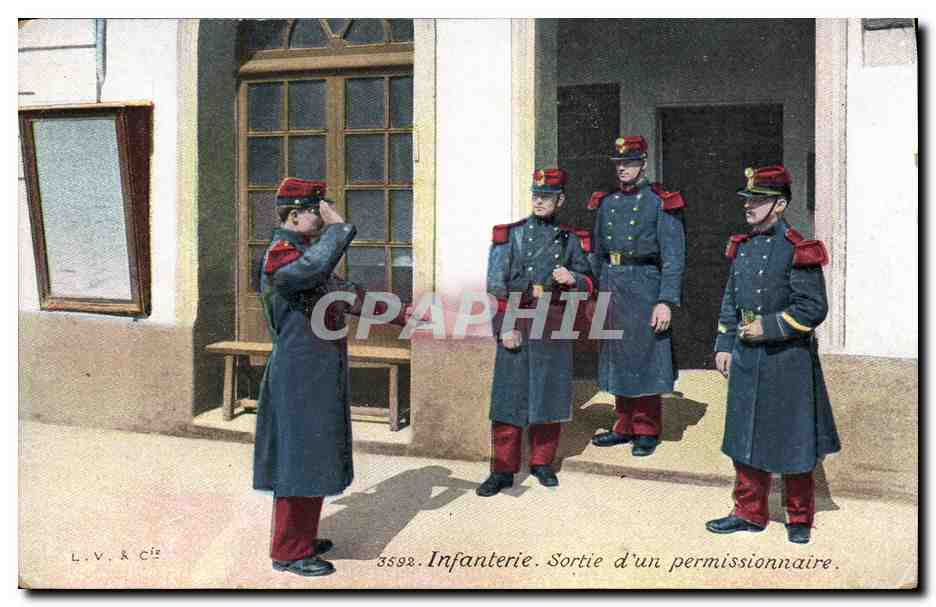 Infanterie. Sortie d'un permissionnaire — L.V. & Cie, n° 3592