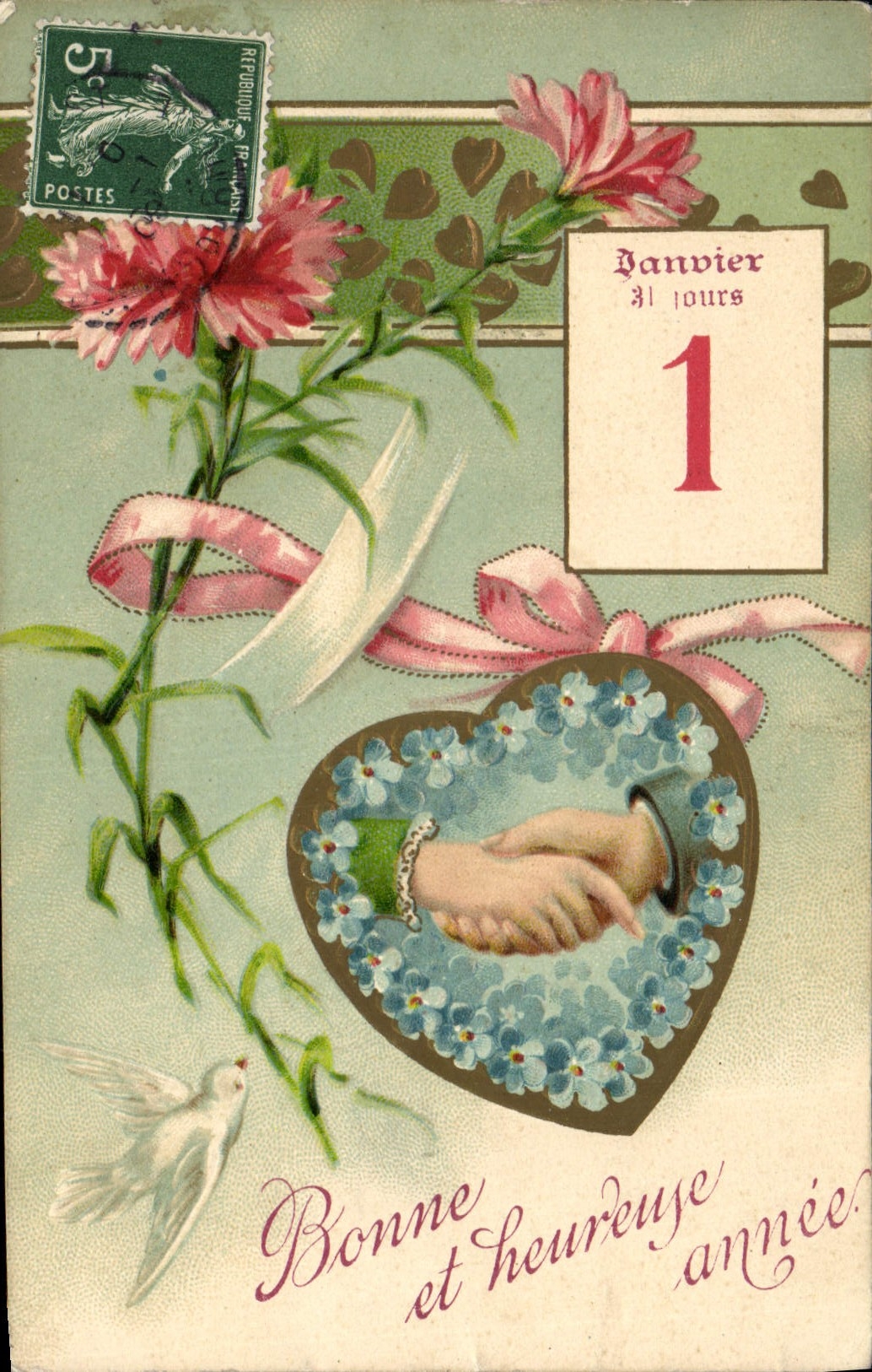 Bouquet de pivoines et main tendue — calendrier janvier 1 — éditeur N. MARA, n° 803