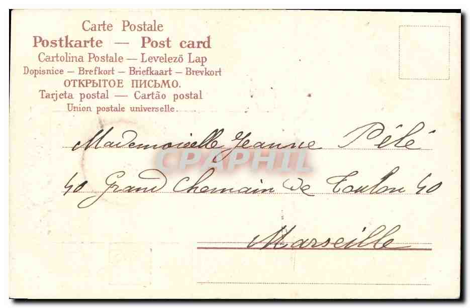 Jeune femme en robe rose — décor de fleurs bleues — éditeur non identifié — Rückseite