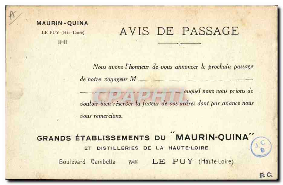 CPA Publicite Aiguilhe Rocher et chapelle de St Michel Volcan de la Denise Maurin Quina Boulevard Gambetta Le Puy — Verso