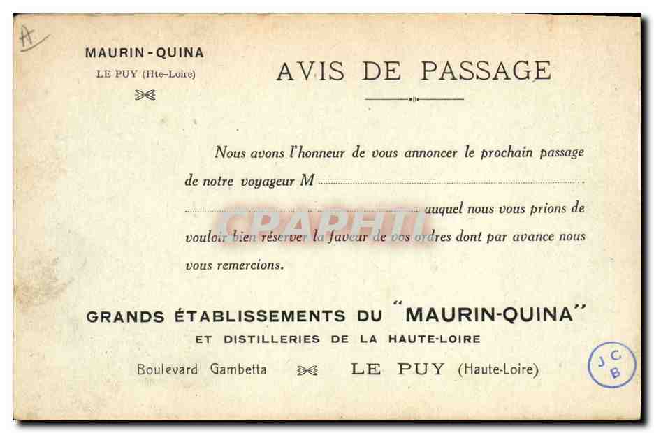 CPA Publicite Les quatre rochers Maurin Quina Boulevard Gambetta Le Puy — Rückseite