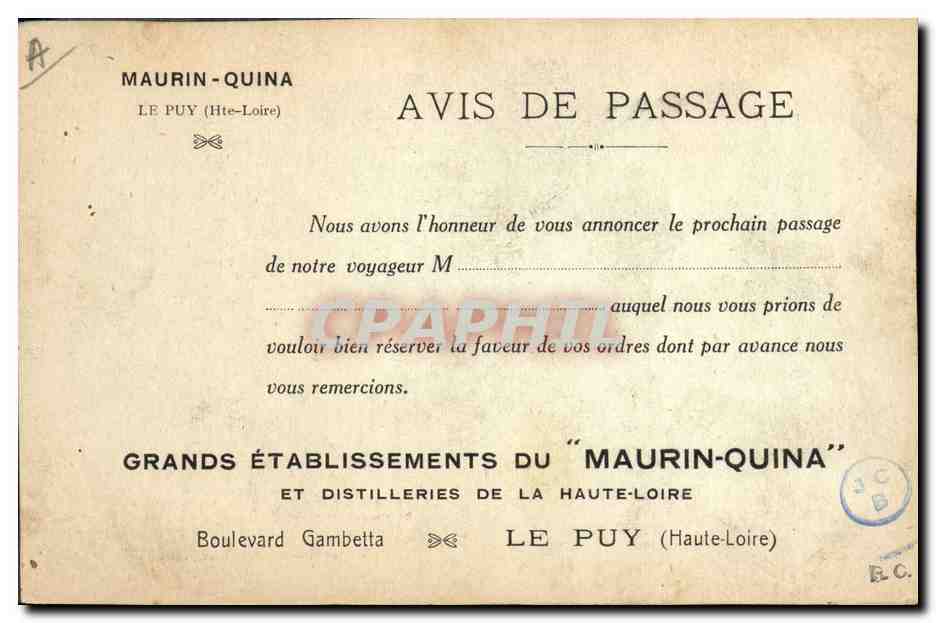 CPA Publicite Maurin Quina Boulevard Gambetta Le Puy Fontaine monumentale Crozatier Maurin Quina Boulevard Gambetta Le Puy — Rückseite