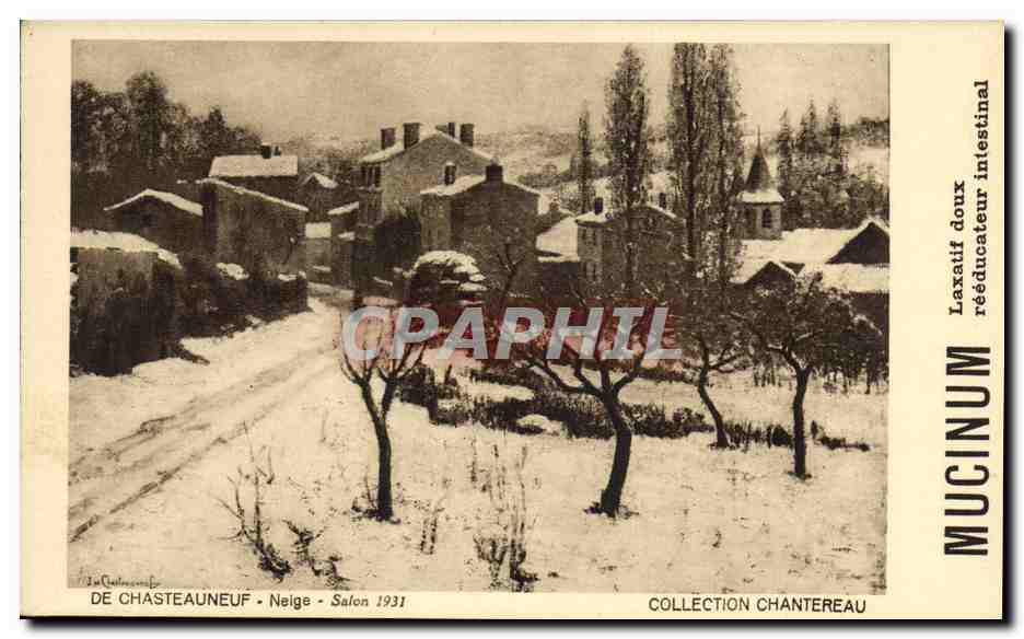 CPA Publicite Mucinum Laxatif doux reeducateur intestinal De Chasteauneuf Neige Salon 1931 Chantereau