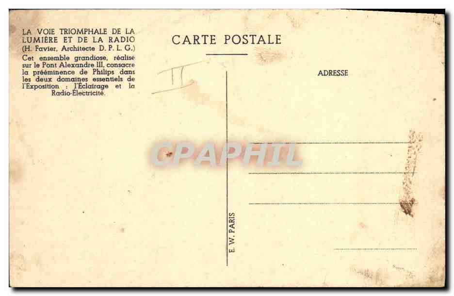 CPA Publicite La voie triomphale de la lumiere et de la radio Philips Paris Alexandre III  — Rückseite