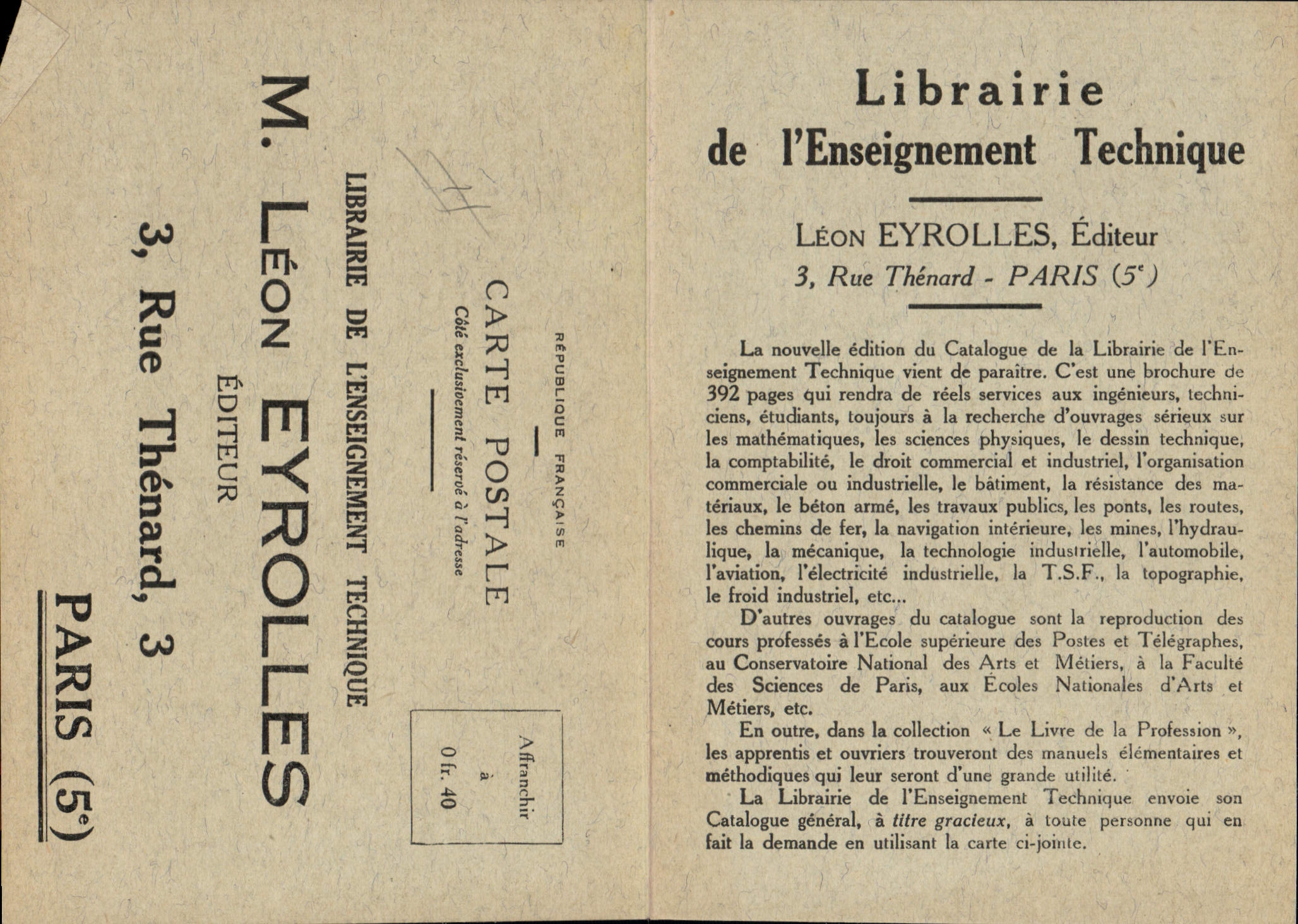CPA Publicite Librairie de l'enseignement technique Leon Eyrolles Rue Thenard Paris 5eme