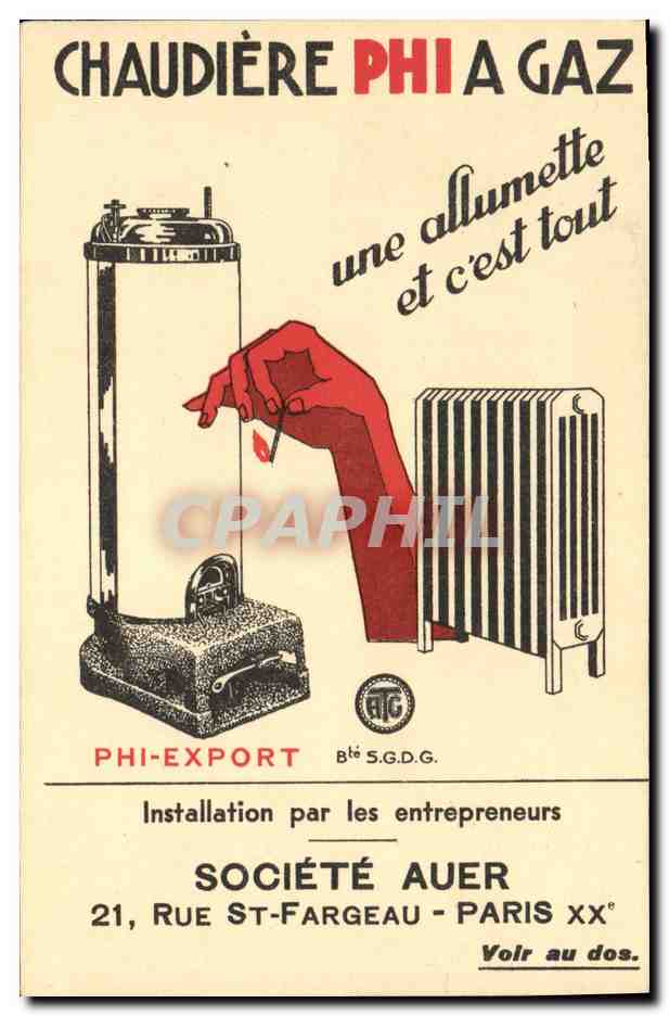 CPA Publicite Chaudiere Phi a Gaz Societe Auer Rue St Fargeau Paris 20eme