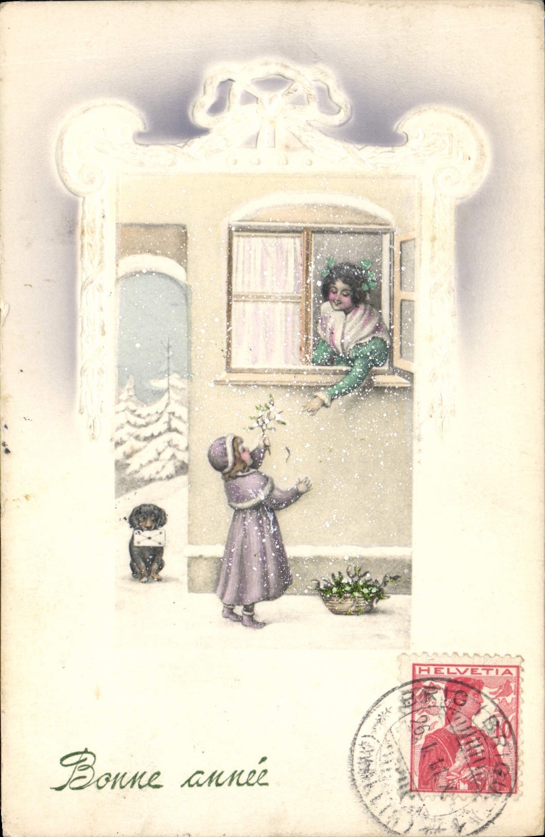 Enfant et femme à la fenêtre — scène de Noël — Helvetia
