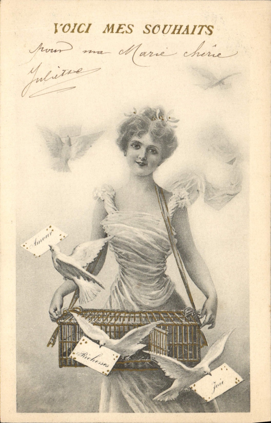 Femme avec cage à oiseaux — Souhaits — Éditeur non visible