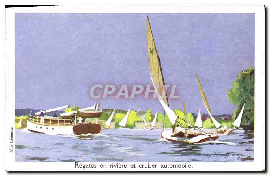 CPA Fantaisie Illustrateur Haffner Bateau Regates en riviere et cruiser automobile 