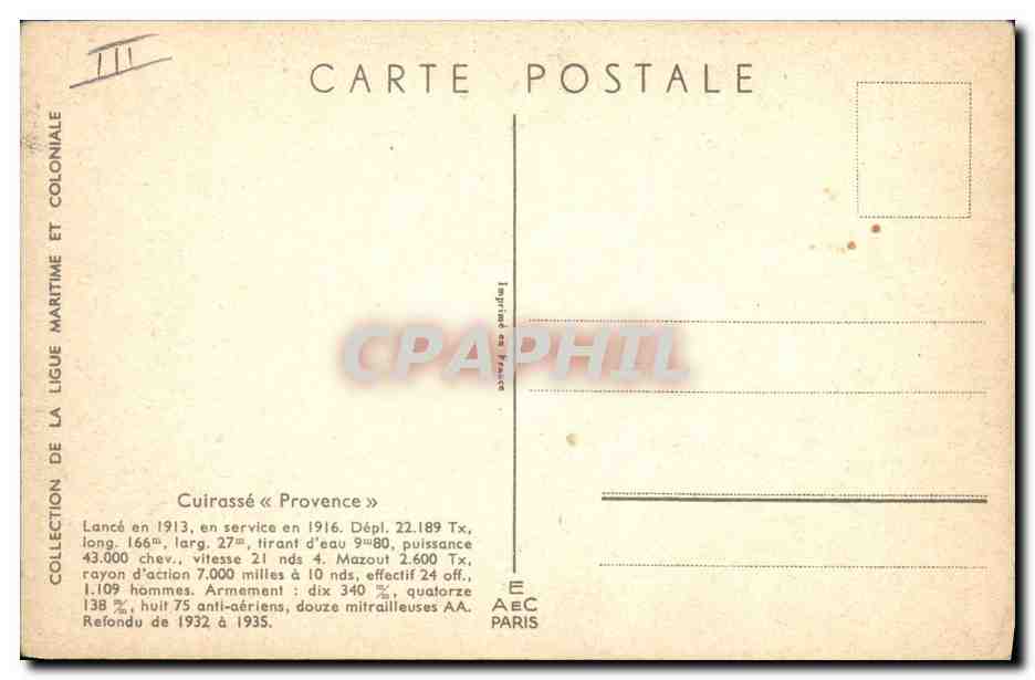 Cuirassé « Provence » — Collection de la Ligue Maritime et Coloniale — Éditeur A&C Paris — Verso
