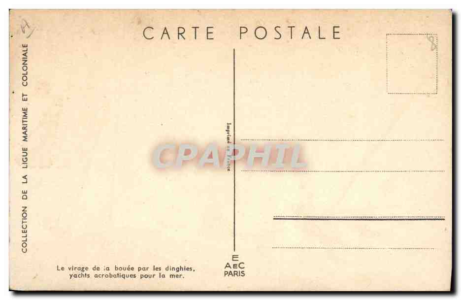 Virage de bouée par les dinghies — yachts acrobatiques pour la mer — Collection de la Ligue Maritime et Coloniale, E.A.E.C. Paris — Verso
