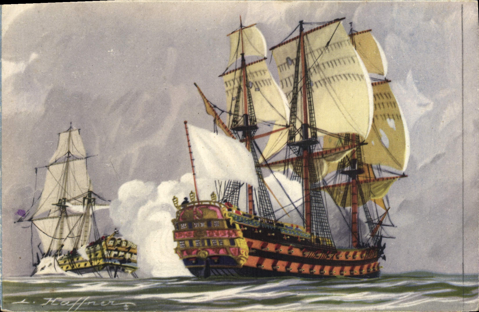 CPA Fantaisie Illustrateur Haffner Bateau de Guerre Vaisseaux Le tir en enfilade 
