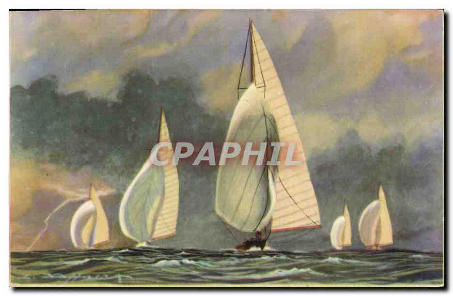 Six mâts de la jauge internationale courant sous leur grand voile et leur Spinnaker — Vent arrière — Collection de la Ligue Maritime et Coloniale
