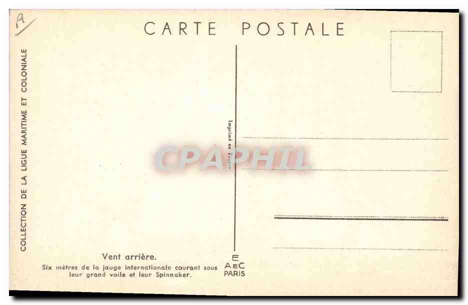 Six mâts de la jauge internationale courant sous leur grand voile et leur Spinnaker — Vent arrière — Collection de la Ligue Maritime et Coloniale — Verso