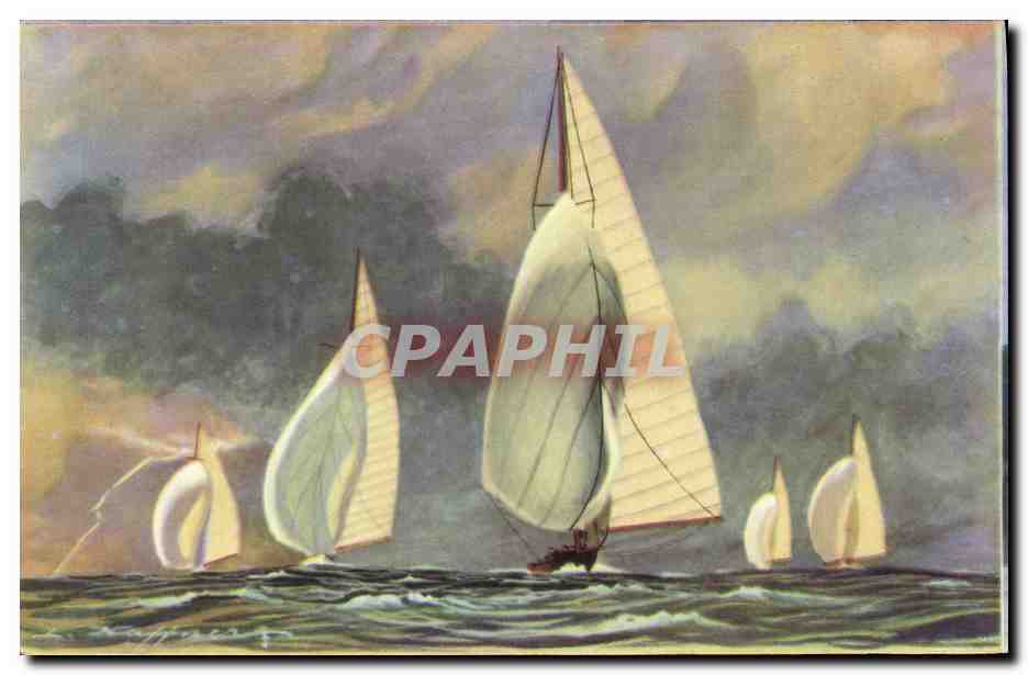 Six mètres de la jauge internationale courant sous leur grand voile et leur Spinnaker — Collection de la Ligue Maritime et Coloniale, AEC Paris