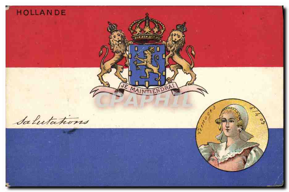CPA Drapeau Femme Hollande Lion