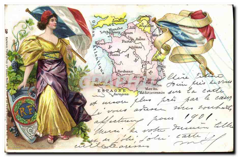France — carte postale avec carte géographique et femme personnifiant la France — éditée par Raphael Tuber & Fils, Paris, n° 78