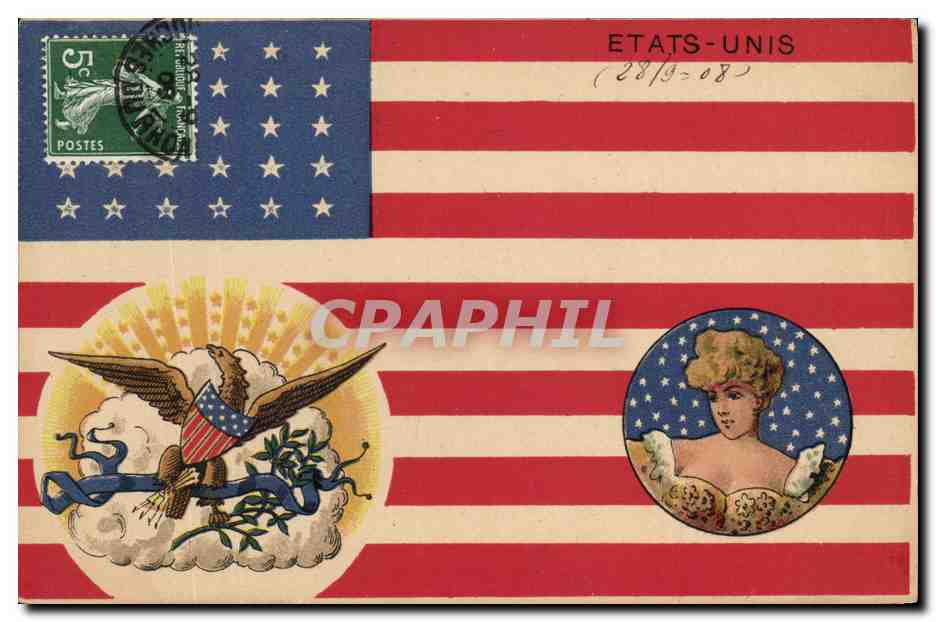 CPA Drapeau Femme Etats-Unis Aigle