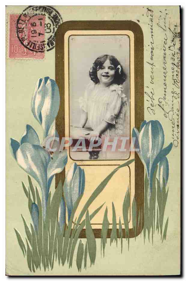 Fille souriante — carte postale décorée de tulipes — éditeur S. n°25