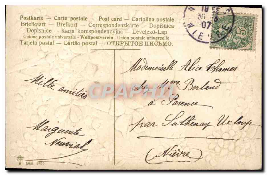 Oeuf de Pâques décoré — fleurs et trèfles — éditeur non identifié, série 6785 — Rückseite