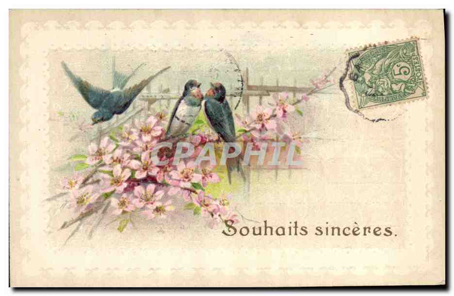 CPA Fantaisie Fleurs Hirondelles 
