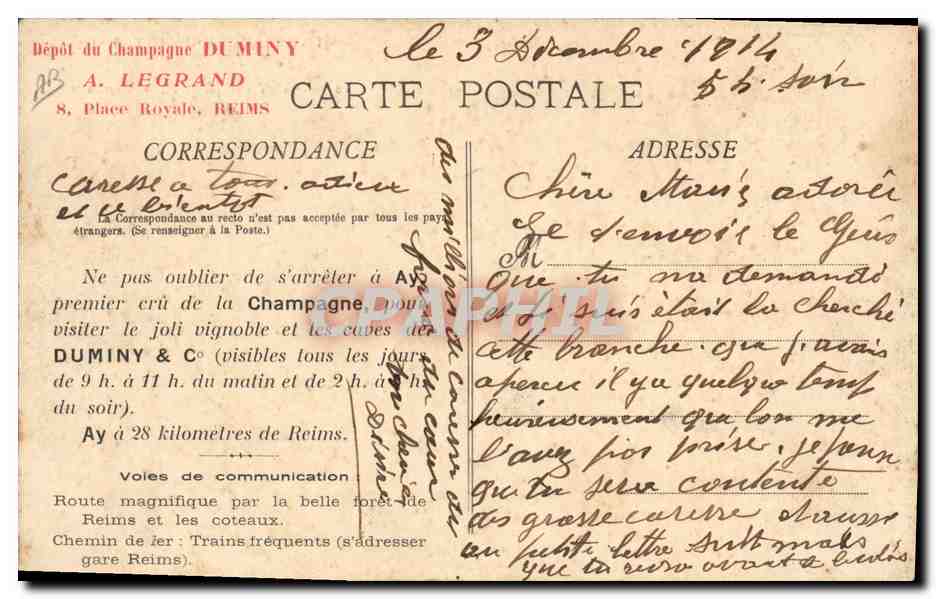 CPA Folklore Vin Vendange Champagne Duminy Ay Champagne Vins sur pupitres Remuage — Rückseite