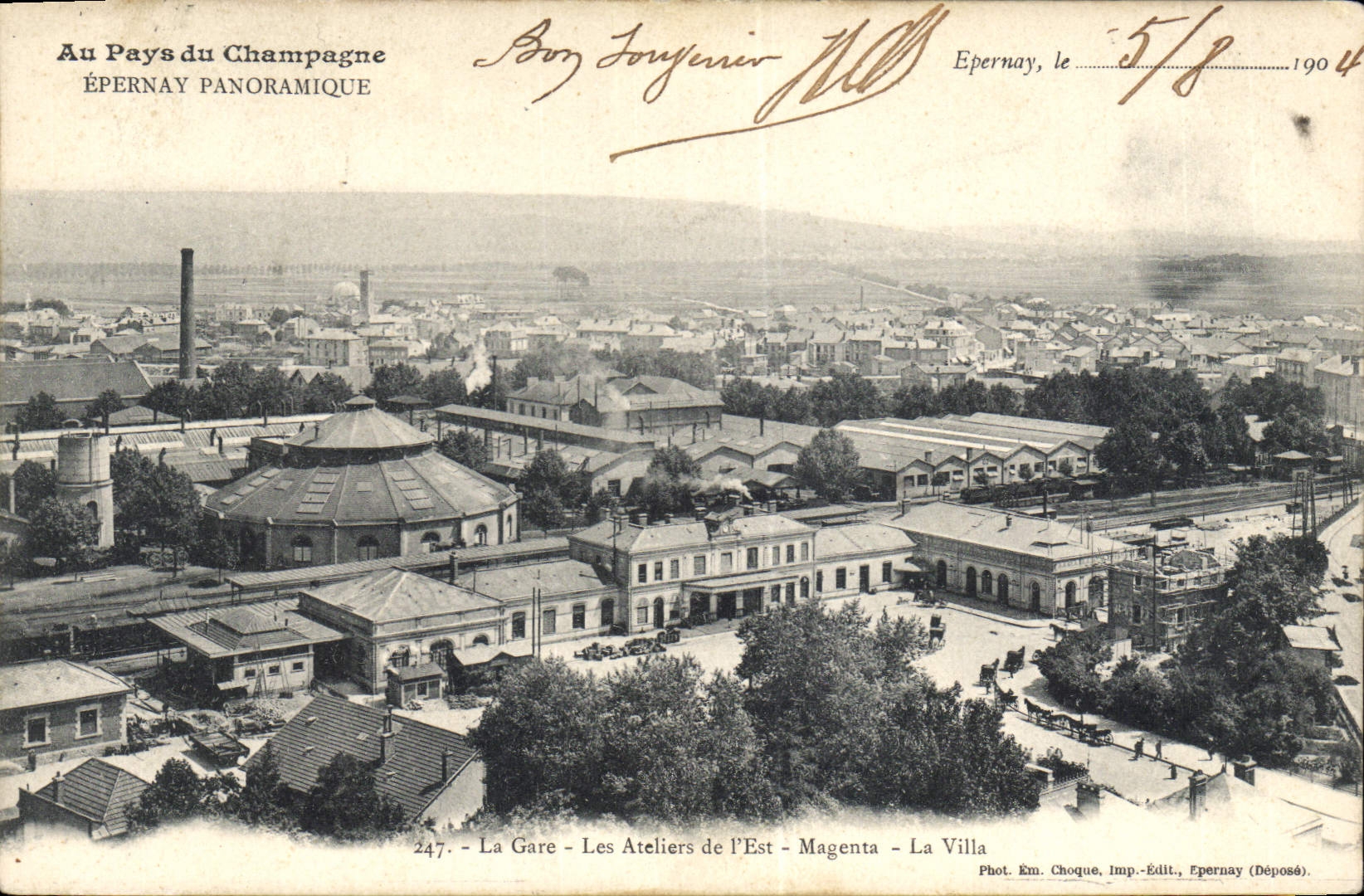 Épernay - Panoramique - La Gare, Les Ateliers de l'Est, Magenta, La Villa — Éditeur : Em. Choque, Imp.-Édit., Épernay