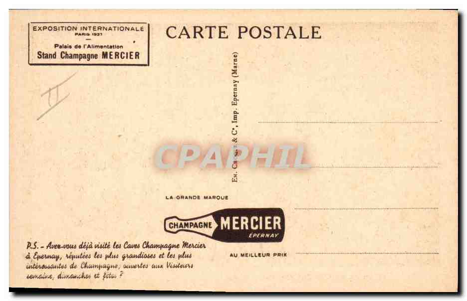 CPA Folklore Vin Vendange Champagne Mercier Epernay Un des celliers de fermentation — Rückseite