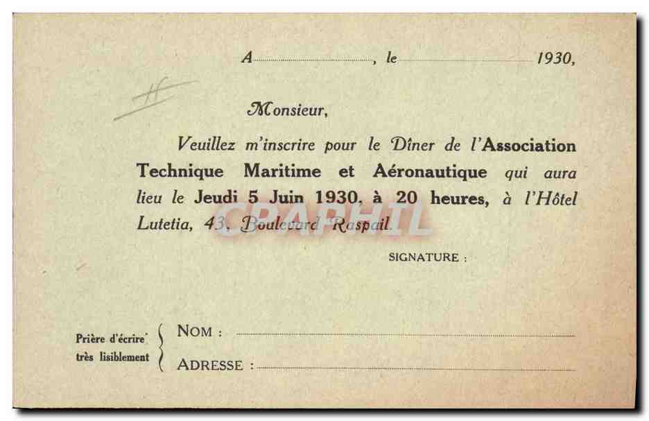CPA Publicite Association Technique Maritime et Aeronautique Rue de Madrid Paris 8eme Hotel Lutetia Boulevard Raspail — Rückseite