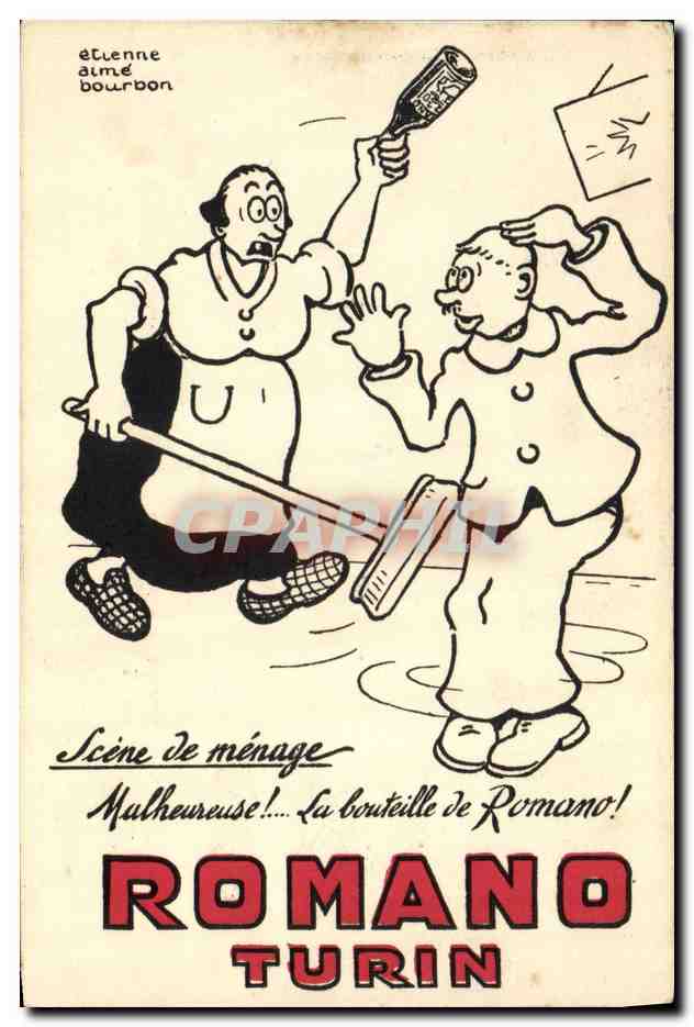 CPA Publicite Scene de menage Romano Turin Etienne Aime Bourbon Bouteille