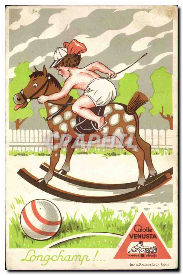 Enfant à cheval sur un balancier — Longchamp ! — Imp. A. Ramboz, Lyon-Paris