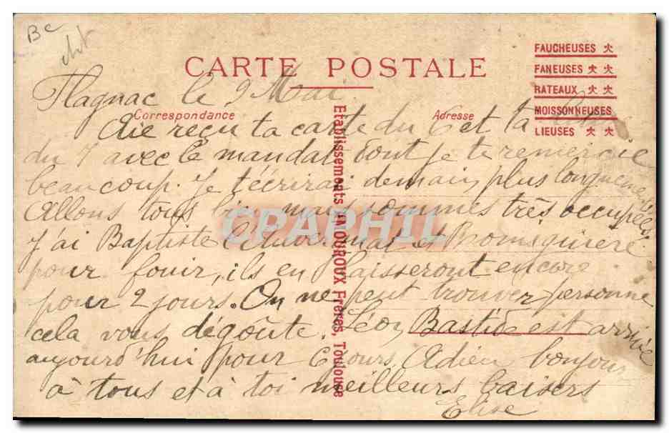 CPA Publicite Lourdes L'Alouette Amouroux Toulouse Moissonneuse — Back