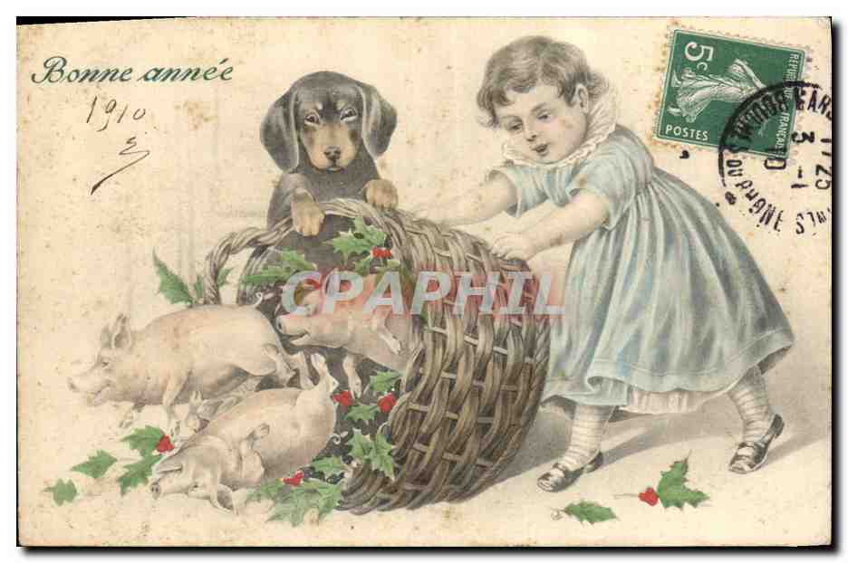 CPA Fantaisie Illustrateur Enfant Chien Cochon Porc