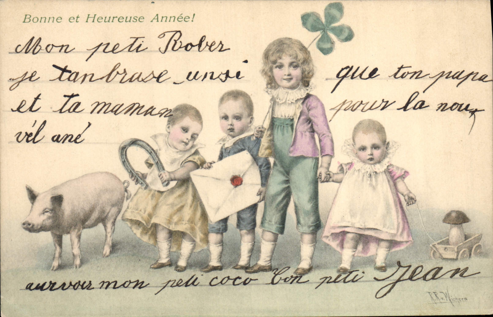 CPA Fantaisie Illustrateur Enfants Trefle Fer a cheval champignon Chien Cochon Porc