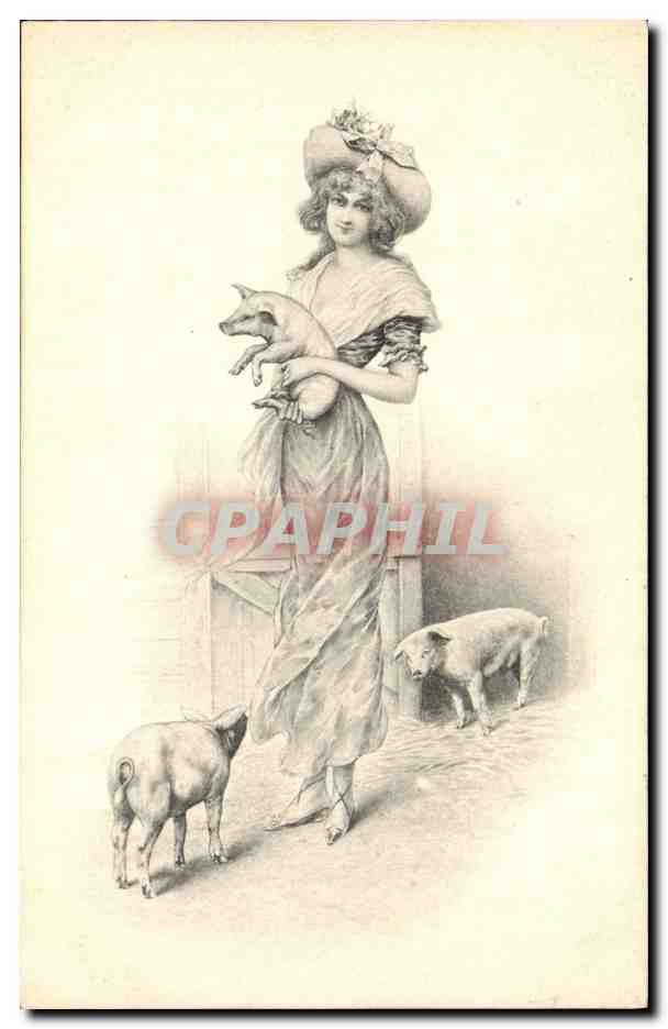 CPA Fantaisie Illustrateur Femme Cochon Porc