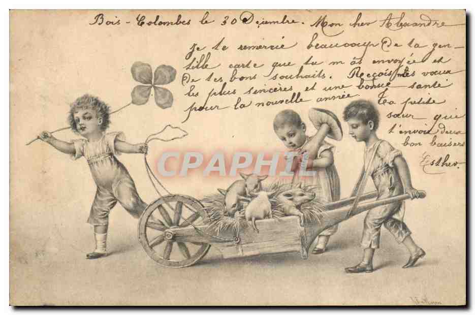 CPA Fantaisie Illustrateur Enfants Trefle Cochon Porc