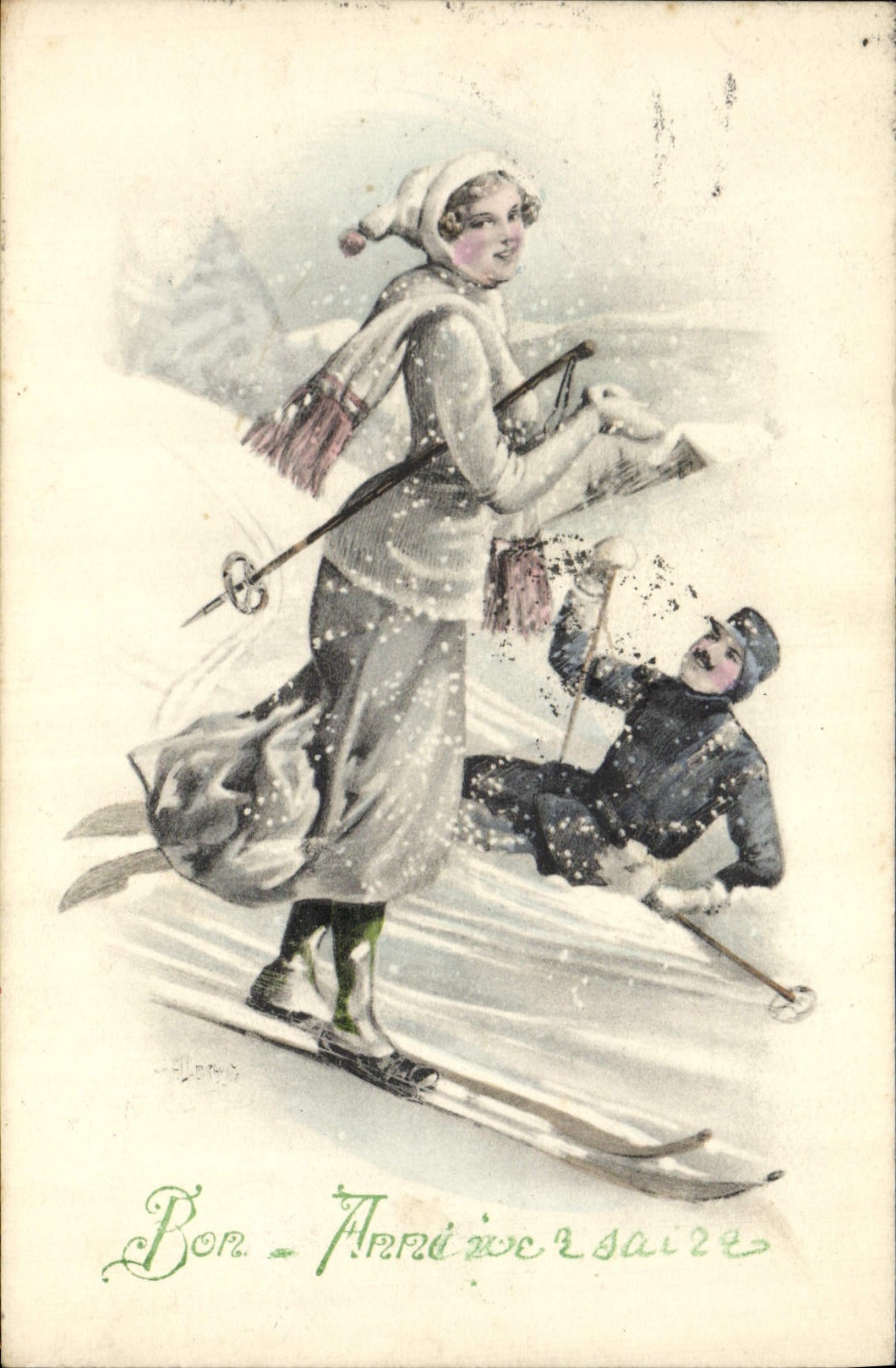 CPA Fantaisie Illustrateur Femme Ski