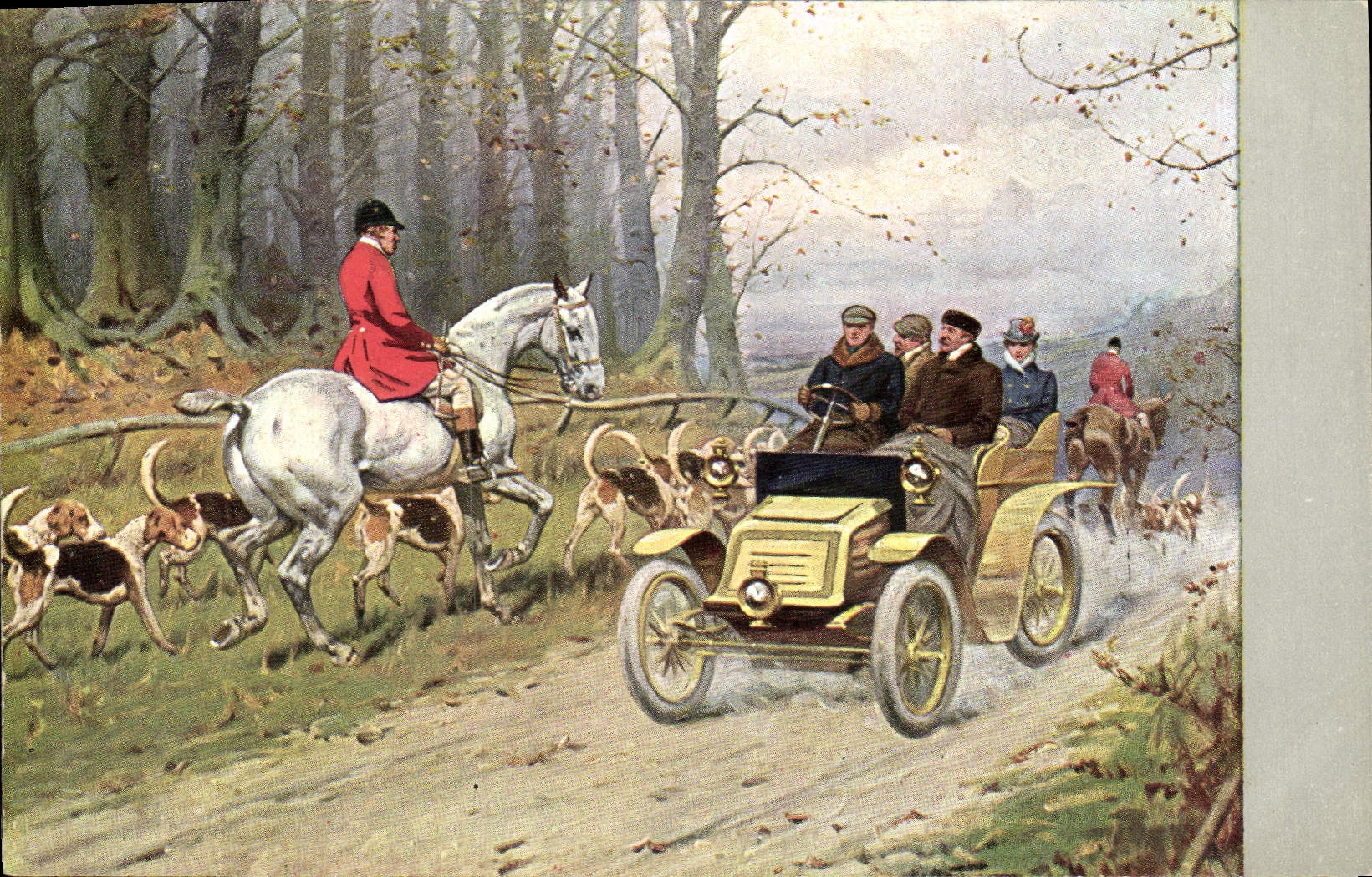 CPA Fantaisie Illustrateur Cavalier Chiens Automobile Chasse