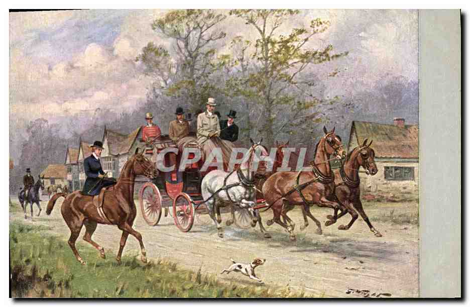 CPA Fantaisie Illustrateur Caleche Chevaux Chien