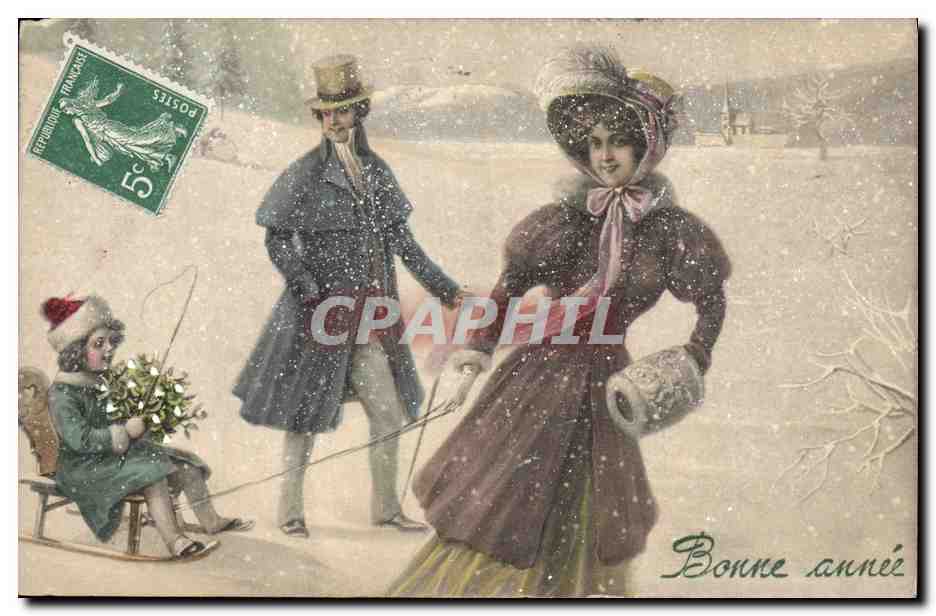 CPA Fantaisie Illustrateur Femme Enfant Luge