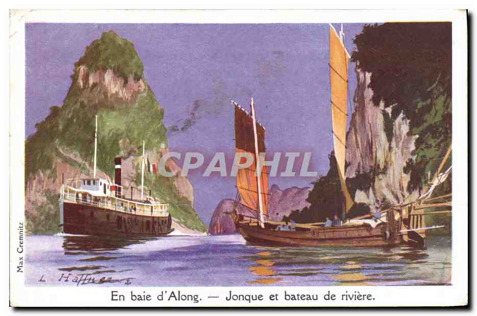 CPA Fantaisie Illustrateur Haffner Bateau En baie d'Along Jonque et bateau de riviere 