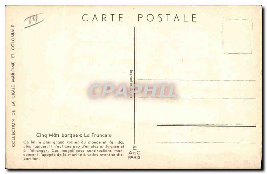 CPA Fantaisie Illustrateur Haffner Bateau Cinq Mats barque La France  — Rückseite