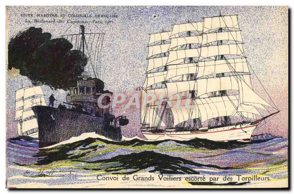 CPA Fantaisie Illustrateur Haffner Bateau Convoi de grands voiliers escorte par des torpilleurs 
