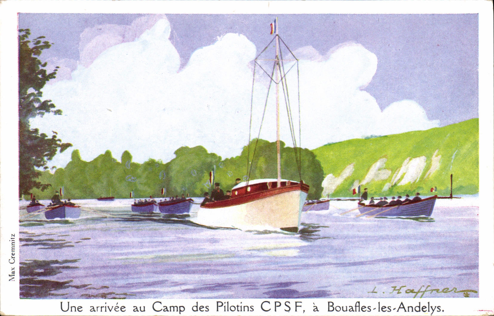 CPA Fantaisie Illustrateur Haffner Bateau Une arrivee au camp des pilotins CPSF a Bouafles les Andelys 