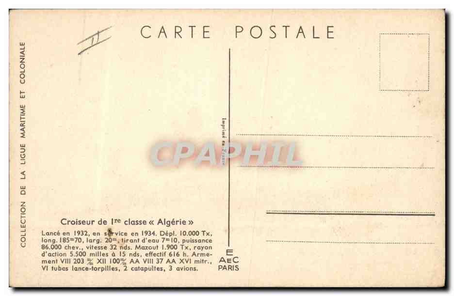 CPA Fantaisie Illustrateur Haffner Bateau Croiseur de 1ere classe Algerie  — Rückseite