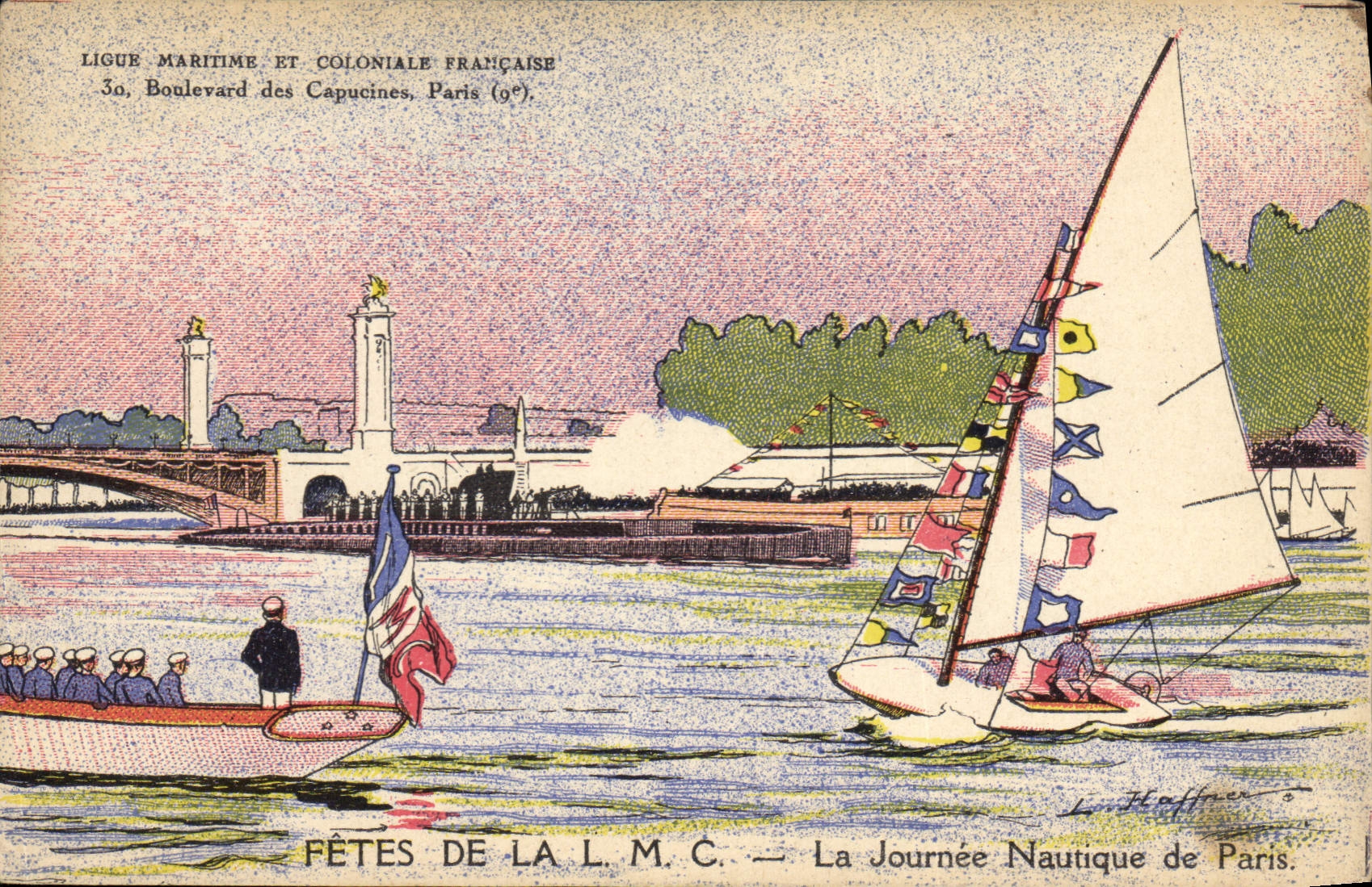 CPA Fantaisie Illustrateur Haffner Bateau Fetes de la LMC La journee nautique de Paris 